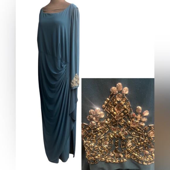 Y2K Alex Evenings Slinky Ruched Beaded Sleeve Glam Maxi Dress 22W Feminine Comfy - Picture 1 of 8